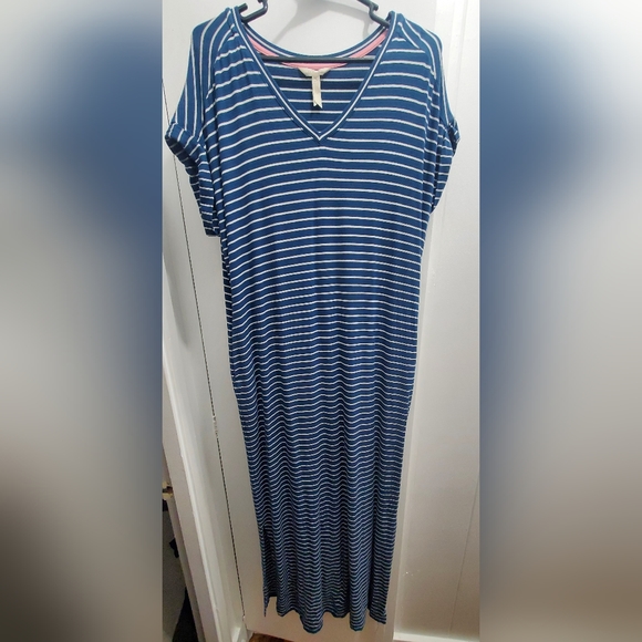 Matilda Jane Set Sail Maxi Dress Size S Blue Stripe Short Sleeve Pockets - Picture 1 of 5